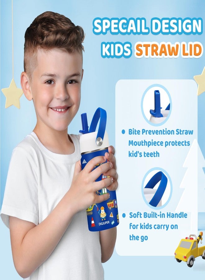 DIGJUPER Kids Insulated Water bottle for School - 12 oz Toddler Water Bottles with Straw, Leak-proof Stainless Steel Thermo Flask, Boys & Girls Tumbler Travel Mug w/Protective Cup Mat, Blue Construction Car - Image 4